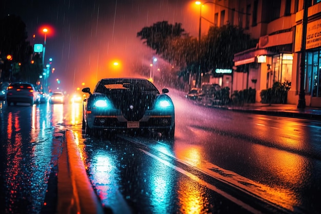 A car in the rain with the lights on