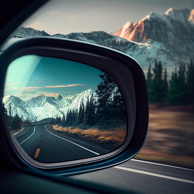 Car rearview mirror with nature reflection AI generated image