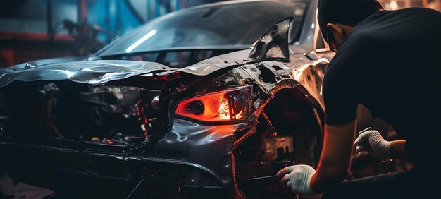 写真 事故 の 後 の 車 の 修理 の 作業