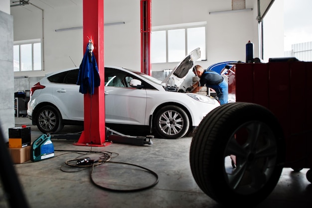 Car repair and maintenance theme Mechanic in uniform working in auto service checking engine