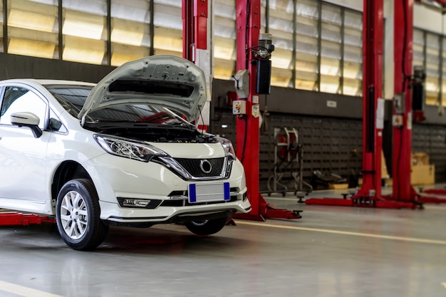 Car repair station with soft-focus and over light in the background