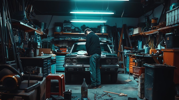 Car Restoration Dream A man lovingly restores a classic car in his garage