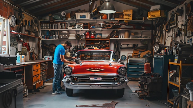 Foto restauro di auto un uomo sta accuratamente restaurando un'auto classica degli anni '50 nel suo garage