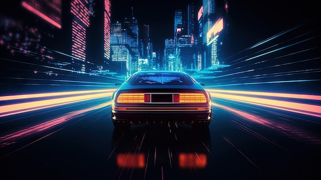Car ride on the neon road in 80s retro synthwave style