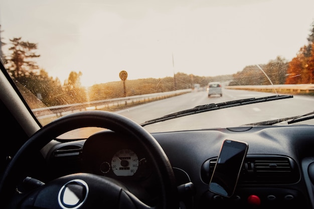 Photo car ride steering wheel and interior