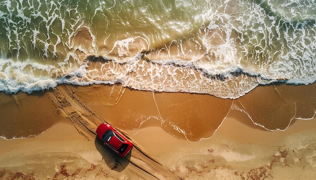 Photo car rides on the sand of a sea beach top view