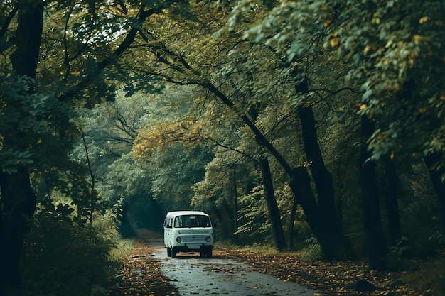 Car on the road in the autumn forest Retro style photo