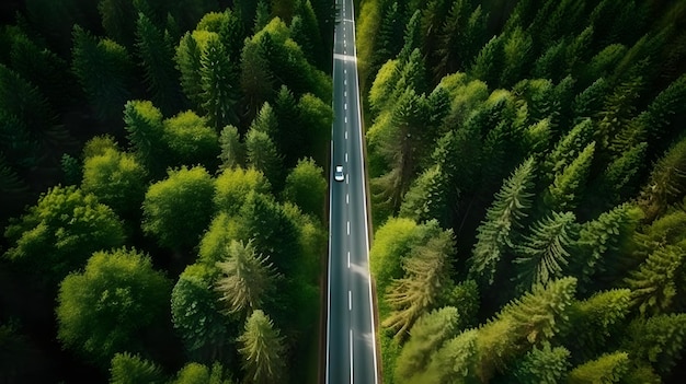 A car on a road in a forest