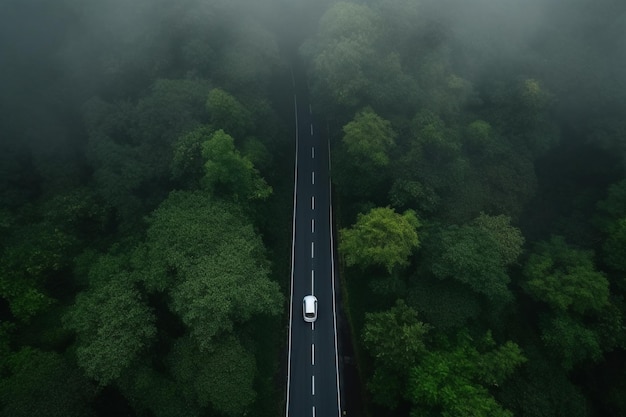 A car on a road in the forest