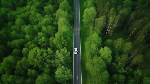 A car on a road in a forest