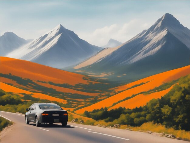 A car on the road in front of mountains