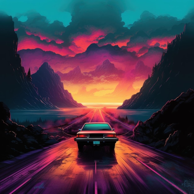 A car on the road in front of a sunset