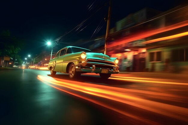 モーションブラーのある夜の道路上の車