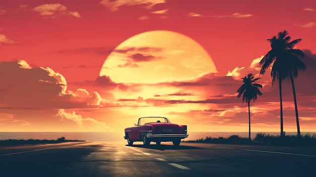 Car on the road at sunset