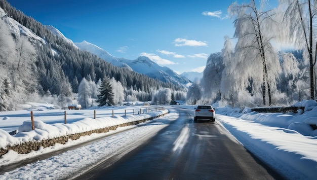 Car on the road in winter forest