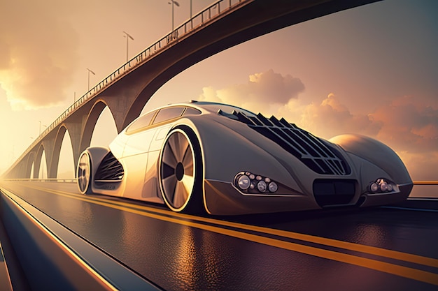 A car on a road with a city in the background