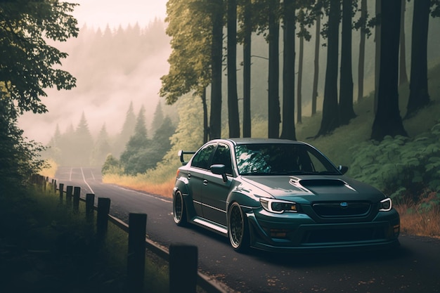 A car on a road with a forest in the background