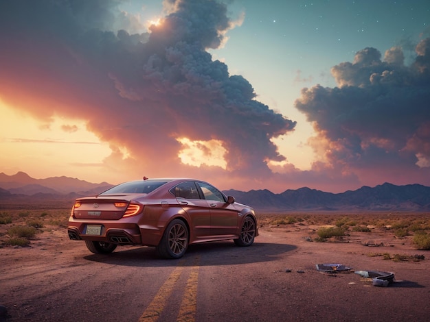 A car on a road with a sunset in the background