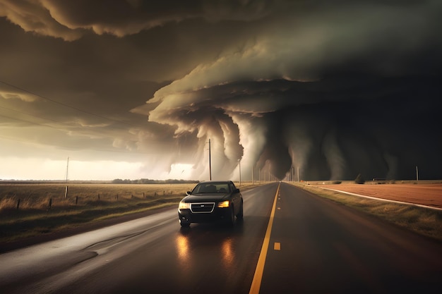 Photo a car on a road with a tornado in the background