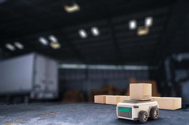 Car robot transports truck box with ai interface object for
manufacturing industry technology product export and import of
future robot cyber in the warehouse by arm mechanical future
technology