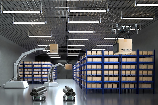 Car robot transports truck box with ai interface object for\
manufacturing industry technology product export and import of\
future robot cyber in the warehouse by arm mechanical future\
technology