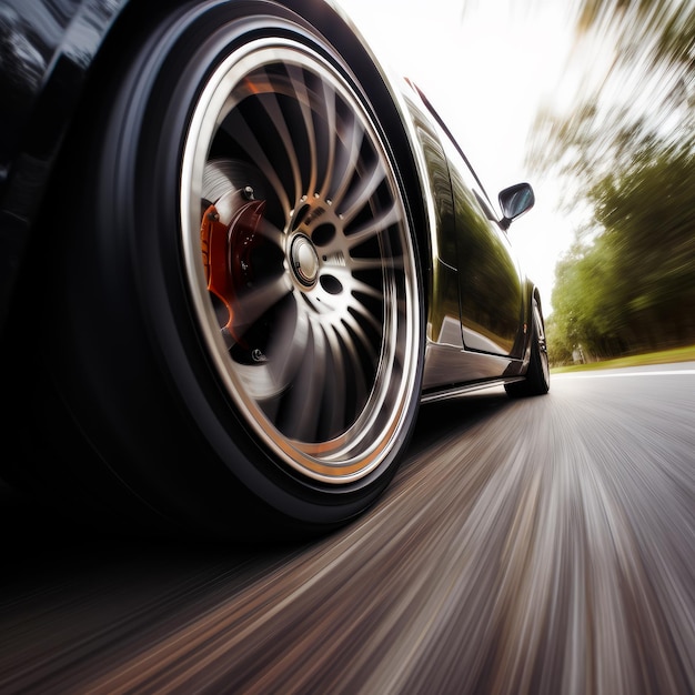 Car running quickly by the road Tire of the modern vehicle during the movement Close up Low angle view Generative AI