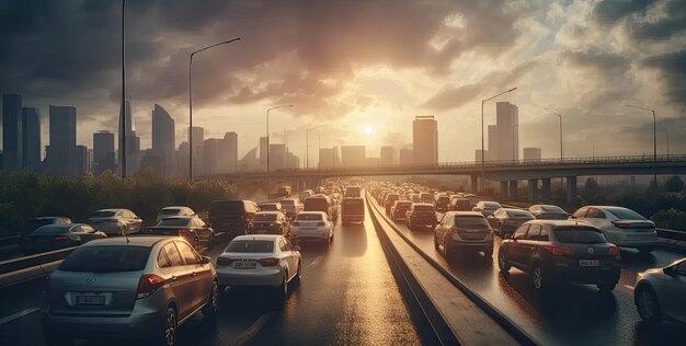 Car rush hours city street Cars on highway in traffic jam Created with Generative AI technology