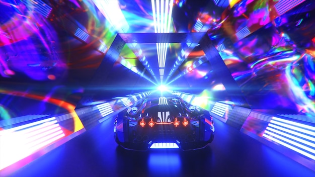 The car rushes at high speed through an endless neon technology\
tunnel futuristic concept