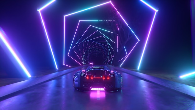 The car rushes at high speed through an endless neon technology\
tunnel futuristic concept