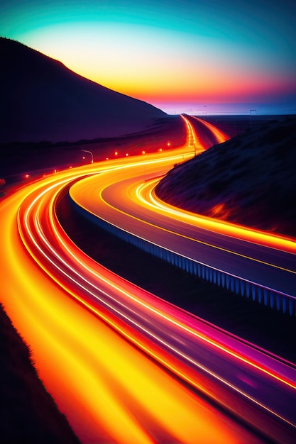 Car rushes highway a night track with colorful lights Car lights night