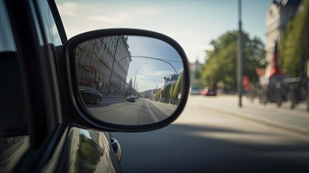 A car's rear view mirror shows a car driving on a road.