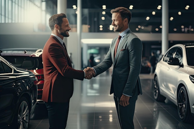 Car salesman closing deal and selling a new car to another man Handshaking the new deal
