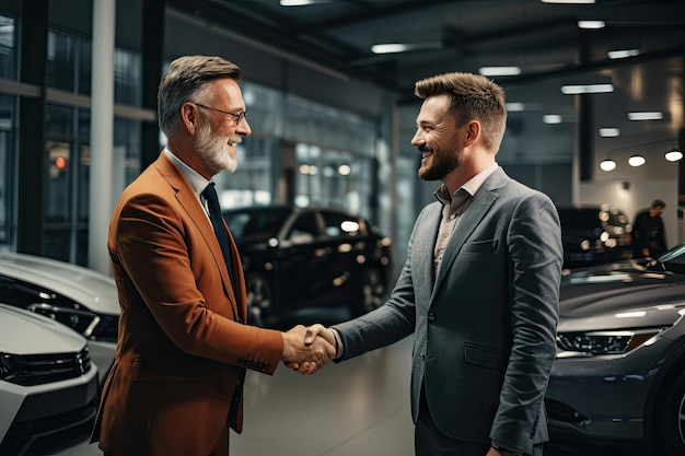 Car salesman closing deal and selling a new car to another man Handshaking the new deal