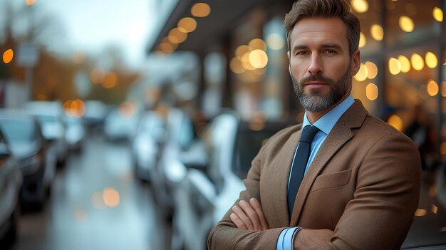 Photo a car salesman standing beside a sleek car model ai generate illustration