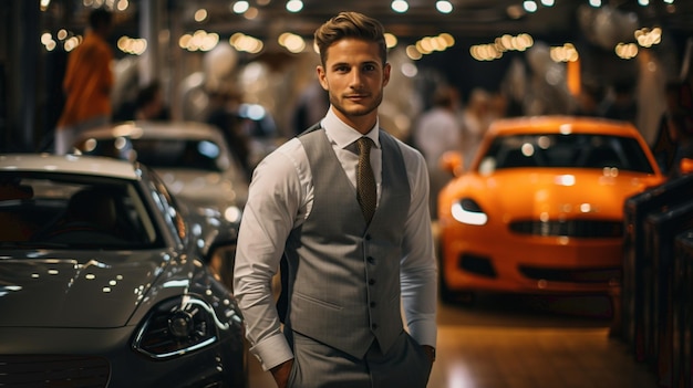 car seller in suit in car salon