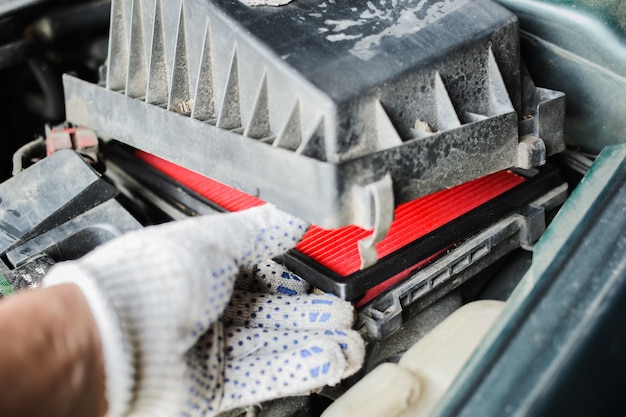 Car service. The mechanic replaces air filter