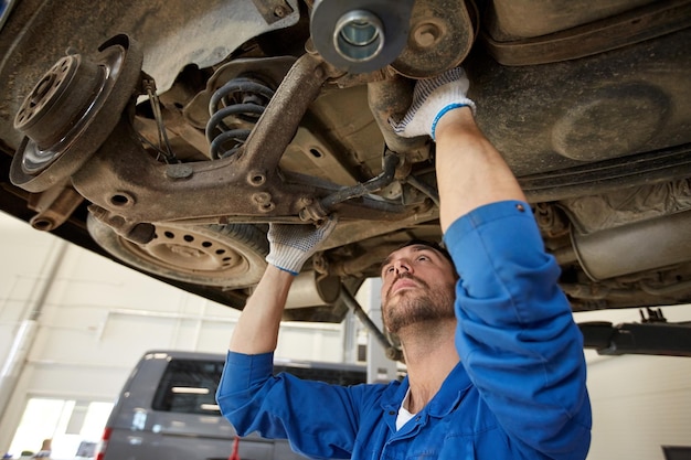 car service, repair, maintenance and people concept - auto mechanic man or smith working at workshop