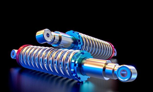 Car shock absorbers on black 3d render