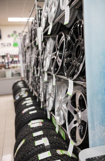 A car shop brand new clean modern rims on the shelves