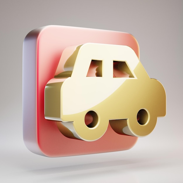 Car Side icon. Golden Car Side symbol on red matte gold plate. 3D rendered Social Media Icon.