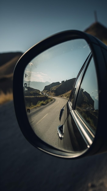 A car side mirror with a mountain in the background.