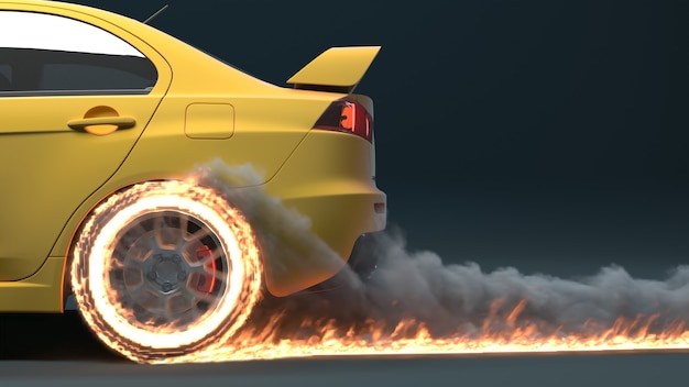 Вид сбоку автомобиля движется, оставляя за собой огненный след