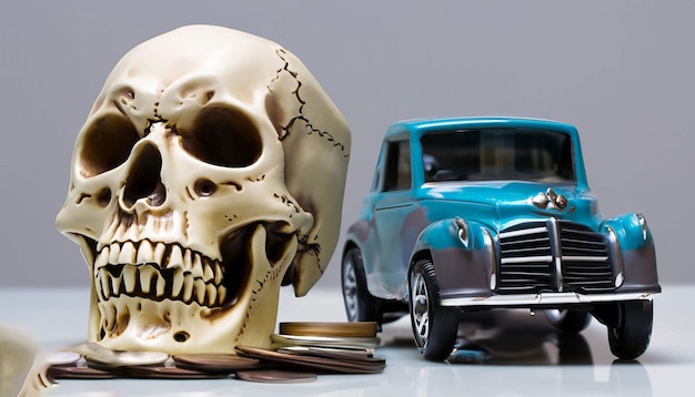 A car and a skull next to a car