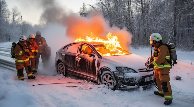 car in the snow on fire generativa IA