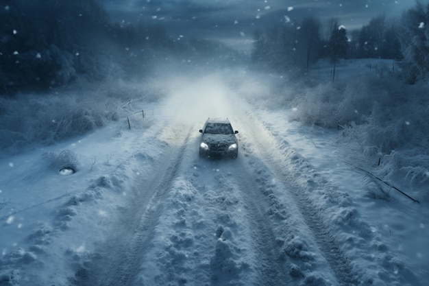 夜の雪の道路での車 冬の森の風景 雪の嵐での冬の旅
