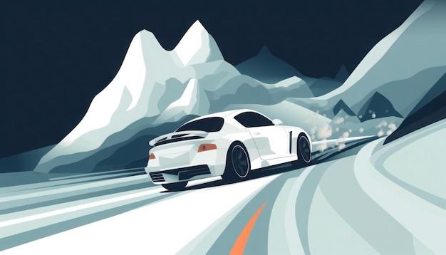 A car on a snowy road with mountains in the background.