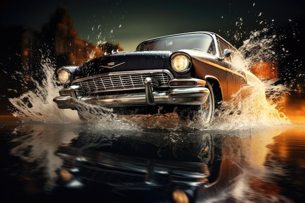 Car splashing through puddle