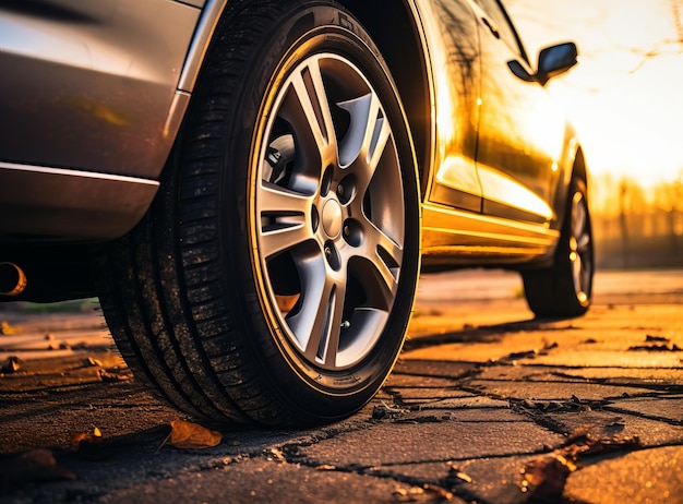 The car stands on dry cracked ground in the lights of a evening sun Close up of car wheels with all season tires and titanium discs on a bright autumn day