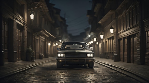 A car on a street at night with the headlights on