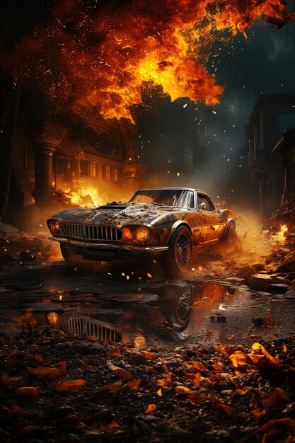 a car in the street with a fire in the background